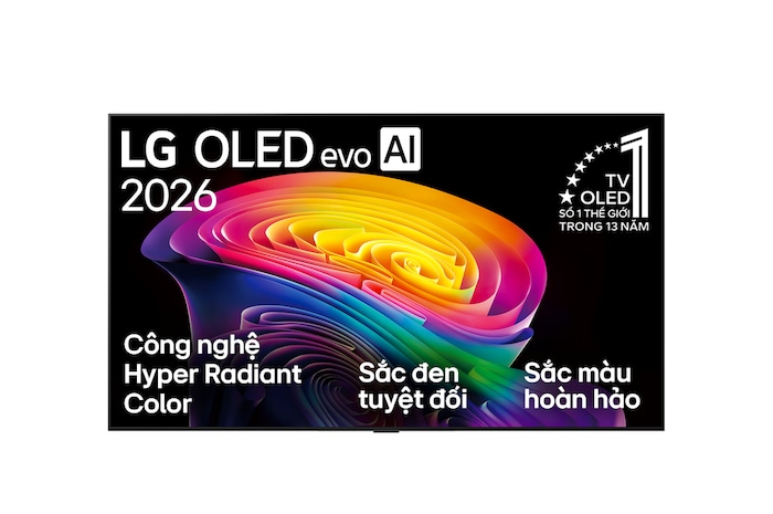 LG OLED evo AI C6 shown in front and side views highlights a 65-inch display with a 1441 mm-wide screen, an overall height of 826 mm, and an ultra-slim 45.1 mm depth without a stand.